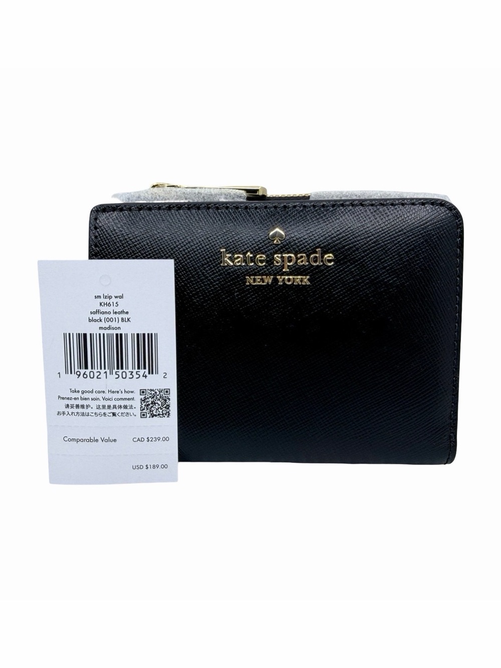 Kate Spade Madison Small L-Zip Wallet - KH615 - 3.8” x 4.92” - Black